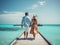 silhouette of loving couple walking on pier