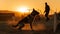 Silhouette of loyal canine walking in sunset generated by AI