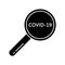 Silhouette Magnifier with Covid-19 icon. Outline logo of coronavirus. Black simple illustration of increased respiratory virus.