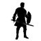 Silhouette of a male fighter with battle armor and sword weapon.