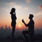 silhouette of a man asking a woman to marry him city sunset - marriage proposal. ai generative