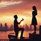 silhouette of a man asking a woman to marry him city sunset - marriage proposal. ai generative