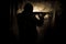 Silhouette of man with assault rifle ready to attack on dark toned foggy background or dangerous bandit in black wearing balaclava