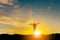 Silhouette of Man Celebration Success Happiness on a mountain top Evening Sky Sunset Background, Sport and active life Concept