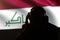 Silhouette of a man in headphones listening to a secret agent, spy and intelligence officer, the flag of Iraq, Internet control, b