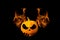 Silhouette man holding halloween pumpkin head. dark black hell fire flame background. Halloween holiday concept. Dark
