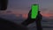 Silhouette man holds vertical mobile phone and fast double tap touch screen and swiping left. Use green screen for copy