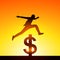 Silhouette a man jumping over dollar sign.Concept of victory