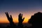 Silhouette of man kneeling down praying for worship God at sky background. Christians pray to jesus christ for calmness. In