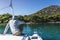 Silhouette of the man is looking on the nice nature in Adriatic island and sea, Croatiaon the shore in Adriatic sea in Croatia