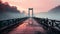 Silhouette of man made bridge reflects tranquil sunset over water generated by AI