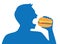 Silhouette of man open his mouth for eating a hamburger.