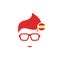 Silhouette of man`s head in hipster glasses and Spain flag in circle . Red simple avatar. spanish language icon