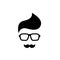 Silhouette of man`s head with moustache in hipster glasses. Black simple avatar.