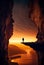 Silhouette of a man standing on a rock ledge against the background of the setting sun. Ai generative