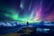 Silhouette of a man standing on the top of a mountain admiring the view of aurora borealis. Sky with stars and green polar lights