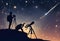 Silhouette of a man, telescope, stars, planets