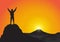 Silhouette of man on top of mountain with fists raised up on sunrise background, success, achievement, victory and winning concept