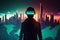 silhouette of a man in virtual metaverse reality glasses on the background of a shining neon city Generative AI