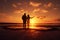 Silhouette of a man and woman on the beach at sunset, A couple forming a heart shape with their hands at sunset, AI Generated