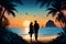 A silhouette of a man and a woman, holdings hands, at a whimsical beach, blue sea, palm tree, plants, birds in sky, romantic, love