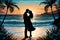 A silhouette of a man and a woman, in a romantic athmosphere, whimsical beach in the background, blue sea, gentle waves, palm tree