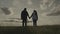 silhouette of a man and a woman at sunset, hold a partner's hand in the sun, teamwork, corporate happy farming group