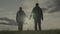 silhouette of a man and a woman at sunset, hold a partner's hand in the sun, teamwork, corporate happy farming group