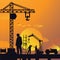 Silhouette of man working on construction site with crane and building in sunset sky dramatic illustration