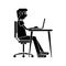 Silhouette man working front computer with pc