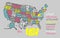 Silhouette of the map of USA with hand-written names of states -