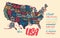 Silhouette of the map of USA with hand-written names of states -