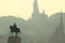 Silhouette of Matthias Church and Andrassy equestrian statue
