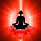 Silhouette of meditating person with root chakra symbol background