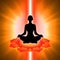 Silhouette of meditating person with sacral chakra symbol background