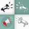 Silhouette megaphone horn loudspeaker vintage logo black and white, hand drawn doodle outline sketch, isolated flat design cartoon