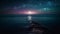 Silhouette of men explore the tranquil, illuminated star field coastline generated by AI