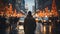 Silhouette of men walking in illuminated city streets generated by AI