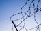 Silhouette on metal mesh fence and barbed wire mesh at sunset