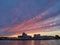 Silhouette of the minearl grinding plant in Brake Unterweser against dramatic scenic sunset sky