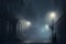 Silhouette in misty alley at night city street, mystery and horror foggy cityscape atmosphere. Neural network generated