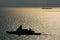 Silhouette of modern warship patrols in the trade route with large container ship