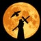 Silhouette of a monk with a cross and a raven on a background of the moon