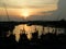 Silhouette of mooring fishing boats on the river with the stunning sunset