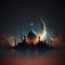 Silhouette of the mosque against the background of the crescent night. Mosque as a place of prayer for Muslims