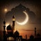 Silhouette of the mosque against the background of the crescent night. Mosque as a place of prayer for Muslims