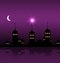 Silhouette of Mosque Against Night Sky with Crescent Moon