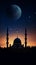 Silhouette of mosques, dome, crescent moon on twilight sky background