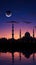 Silhouette of mosques, dome, crescent moon on twilight sky background