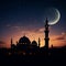 Silhouette of mosques, dome, crescent moon on twilight sky background